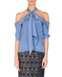 Erdem Elin Silk Cold-Shoulder Top  Blue at Neiman Marcus